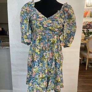 Blue/green/pink Floral Dress with Puffy Sleeves